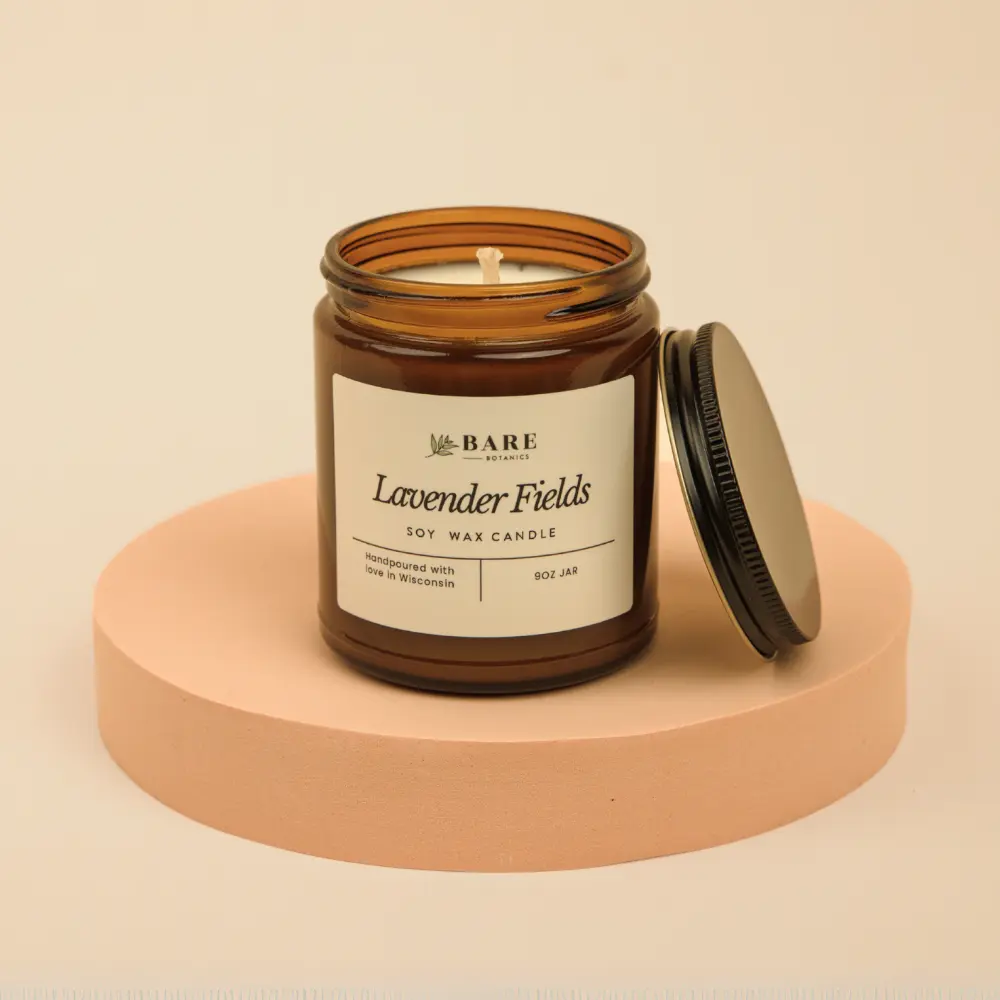 Bare Botanics 100% Plant-Based Soy Candle 9 oz Lavender Fields, Non-Toxic Candle, Using plant-based Fragrance Oils, Handpoured with 40+ Hours Burn Time