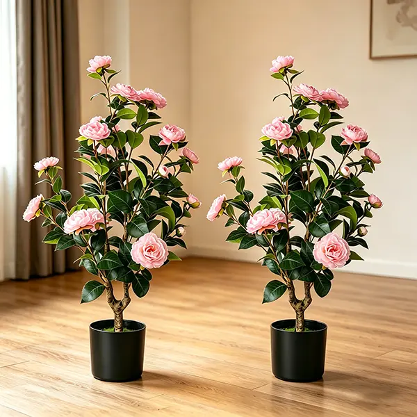 2-Pack 3ft Artificial Camellia Trees, Potted Fake Trees with Realistic Pink Flowers & Leaves, Home Decor for Courtyard Porch Living Room Front Door