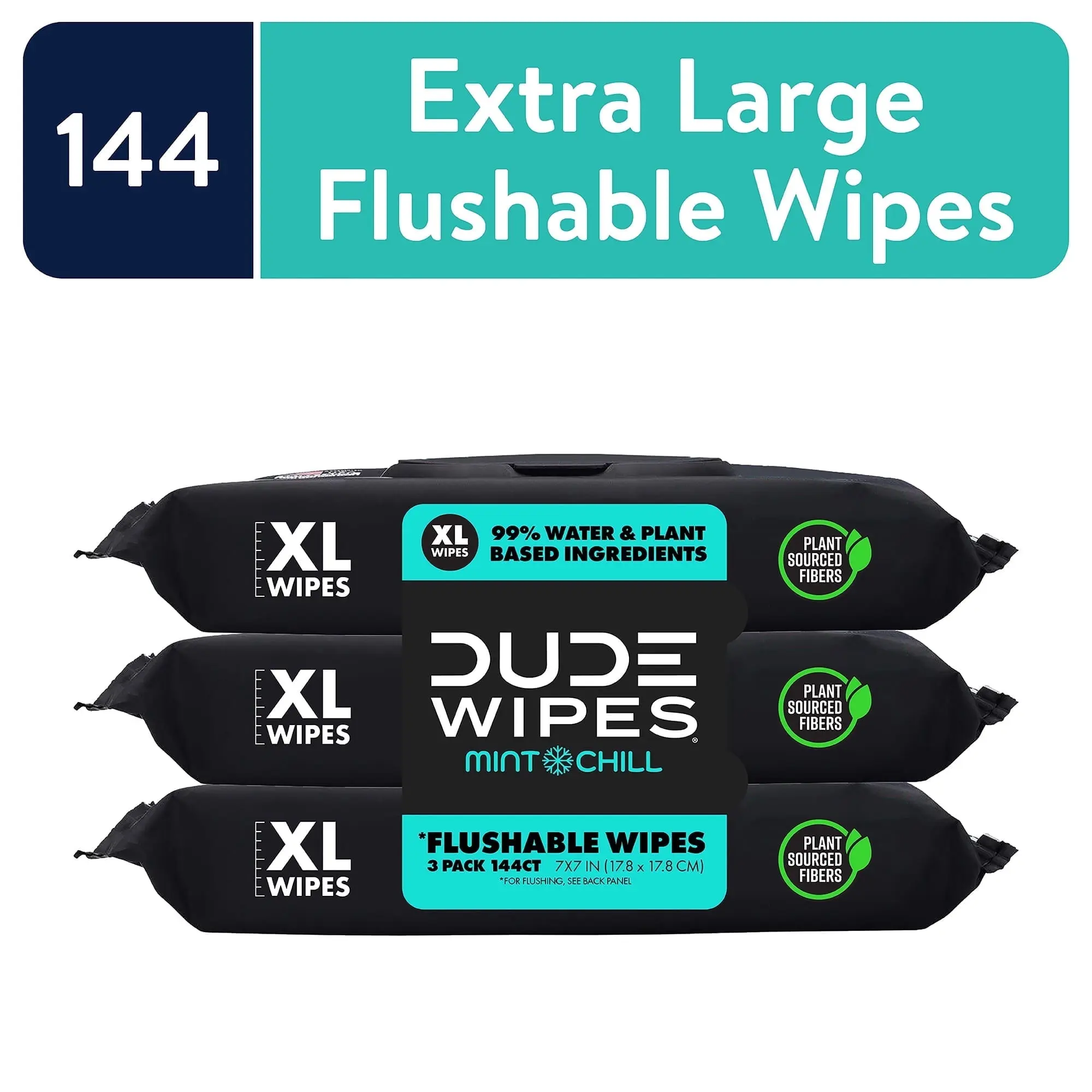 DUDE Flushable Wipes, Extra Large Mint Chill Wet Wipes, 48 Count, 3 Pack (144 Total)