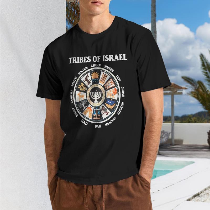 Men's Cotton Short-Sleeve Round Neck T-Shirt - 12 Tribes of Israel Heritage Text Tribe Print, Athletic Fit Menswear Casual Sport Top, Breathable Tshirt for Training Running