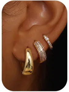 3 Pairs Earrings for Women, Silver Color Hoops, Hypoallergenic Huggies, 14k Gold Plated, All-Season Casual Jewelry, Earrings Set