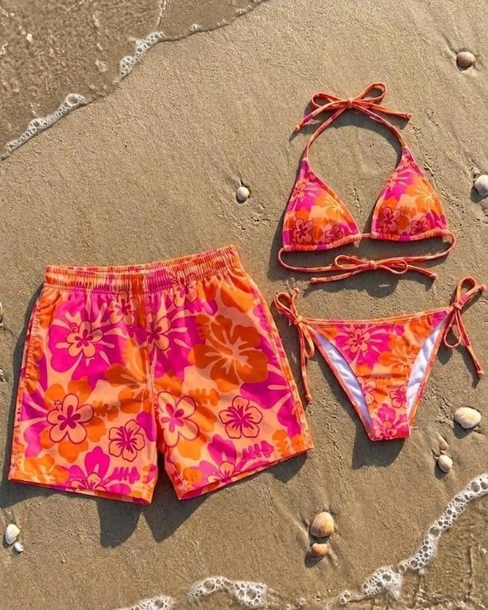 Couple Matching Swimwear Tropical Floral Bikini & Shorts | Beach Vacation Set Couple Matching Swimwear Tropical Floral Bikini & Shorts | Beach Vacation Set