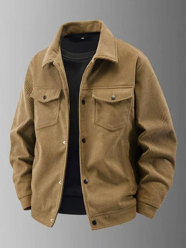 Men's Corduroy Bomber Jacket, Autumn Casual Vintage Style with Snap Button Flap Pockets, Midweight Long Sleeve Coat, Beige, Medium Size, Retro Men's Outerwear for Daily Wear Classic