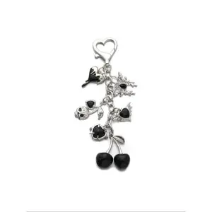 Trendy Cherry Heart Wing Keychain – Rhinestone Inlaid Butterfly Alloy Key Ring Beautiful Gift