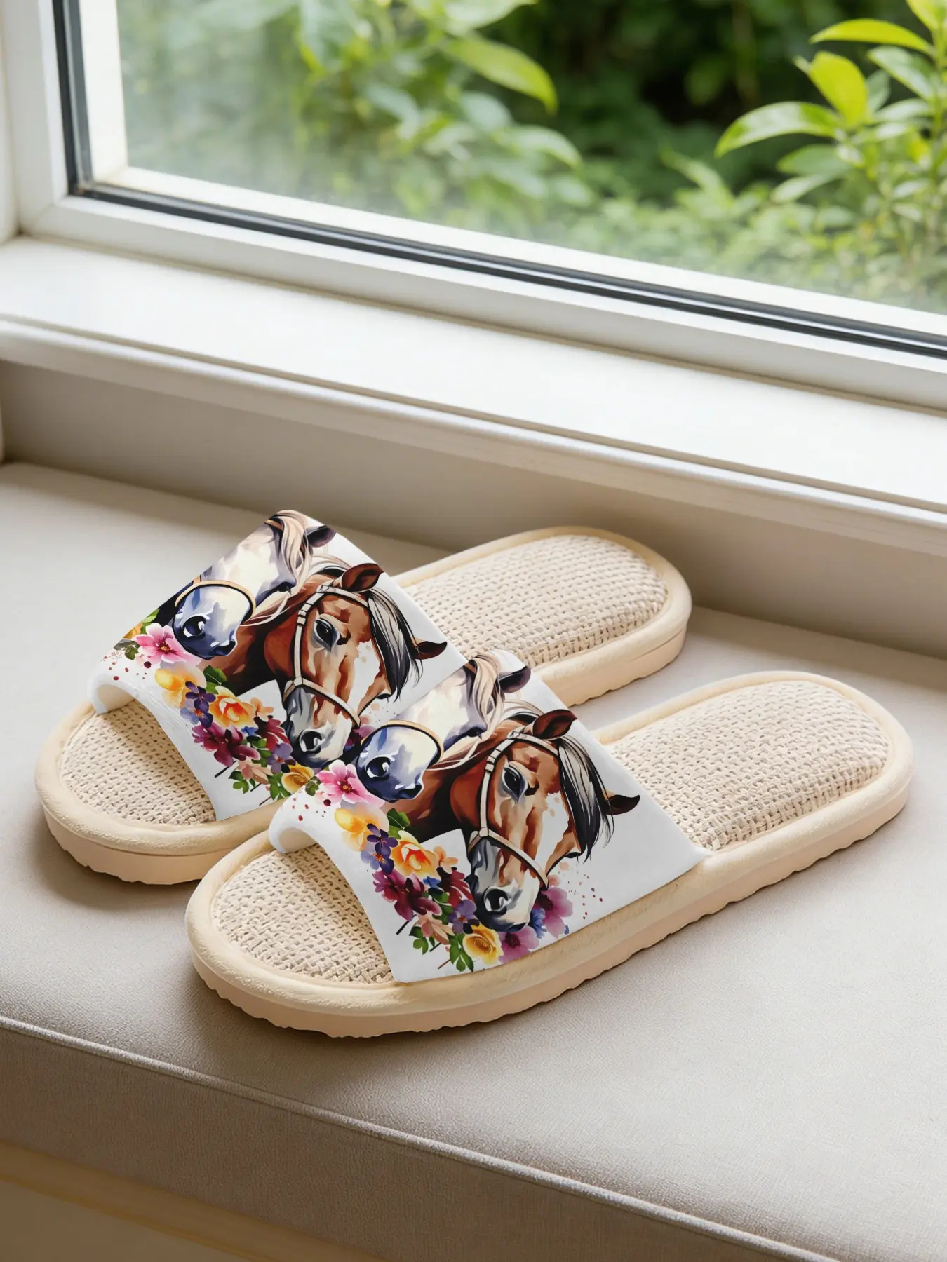 Women's Horse Print Linen Slippers, Breathable Home Shoes, Soft Eva Sole, Non-Slip Quiet, All-Season Casual Footwear