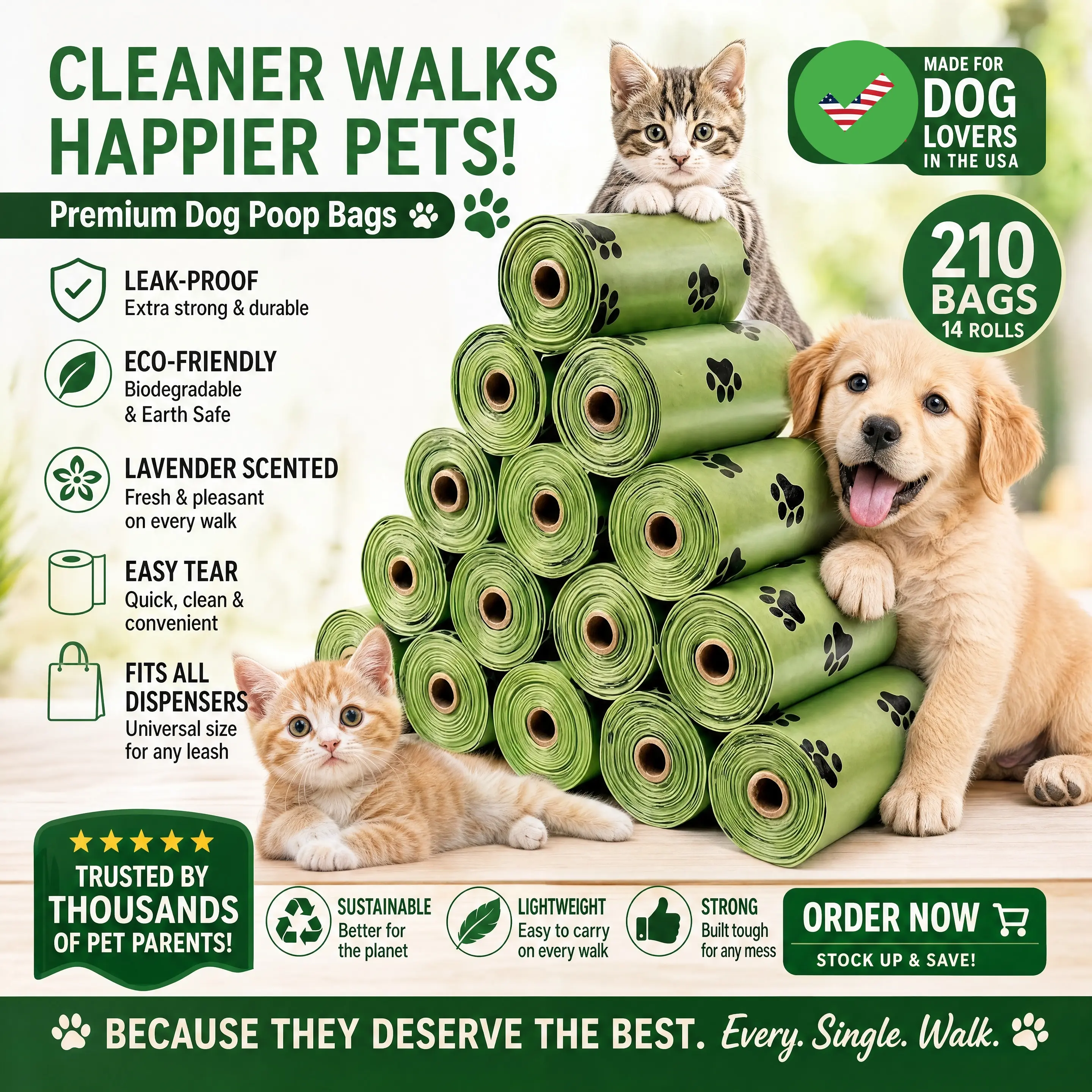 Dog Poop Bags - Leak-Proof Paw Print Pattern, 210Pcs/14 Rolls Durable Plastic Bags for Pet Cleanup, Cleaner Walks, Parks & Camping Use, Outdoor Use