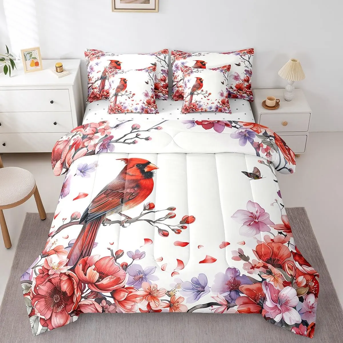 Cardinal Bedding Set with Sheets Aesthetics Flower Bed in A Bag Watercolor Red Floral Bird Comforter Set 7 Piece Adults,Nature Rustic Animal Bed Set Room Decor