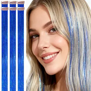 6 Pack Sapphire Blue Hair Tinsel Clip In, 80 Strands/Pc 24 Inches Shiny Sparkle Fairy Hair for Mermaid Costume Halloween Party Concert
