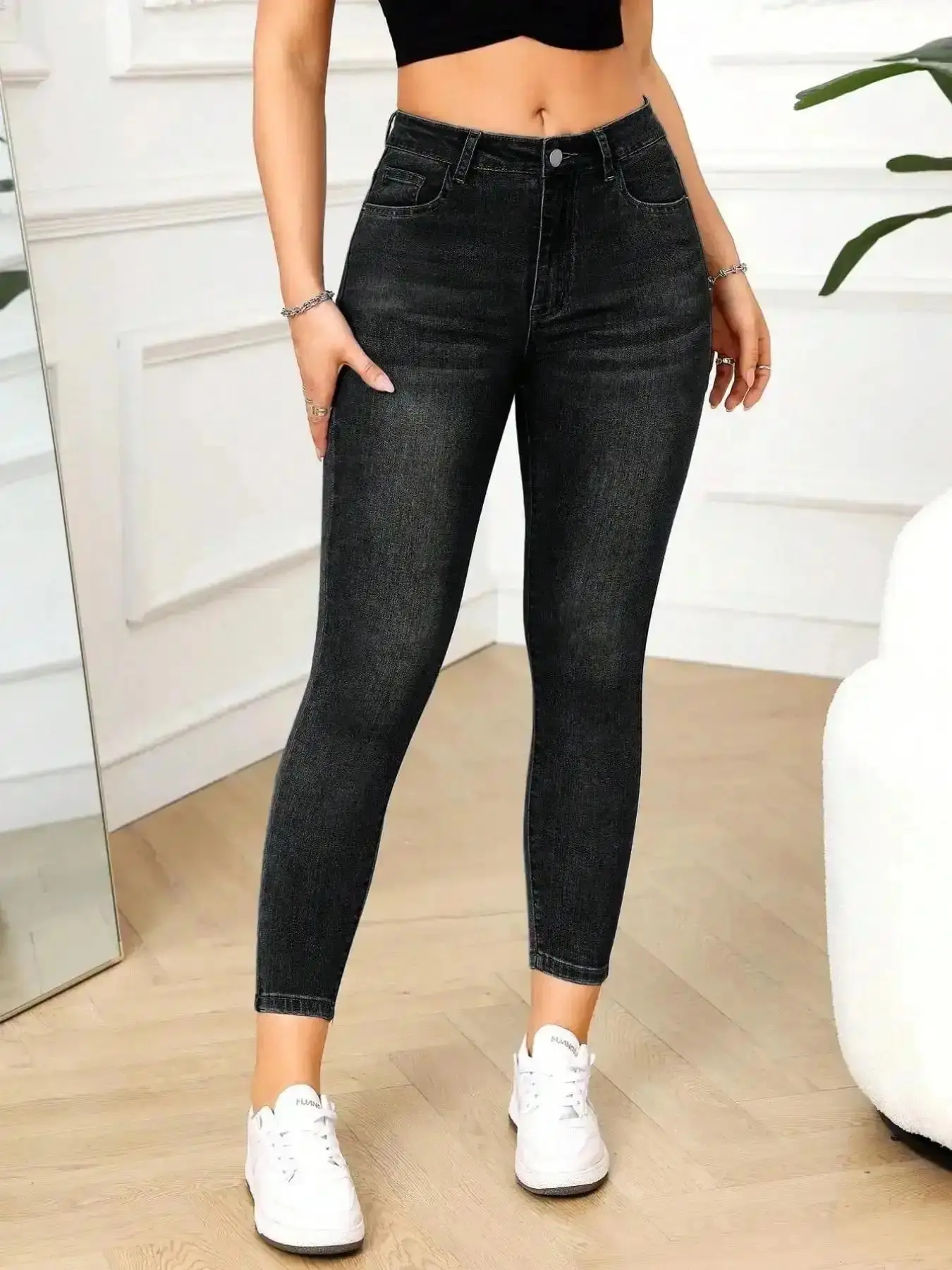 Women's Petite High-Waisted Elastic Belted Pocket Skinny Jeans Casual Slim Fit Ninth-Trousers All-Season Wear Elegant Daily modern fit classic denim comfort stretch straight leg everyday essential trendy look