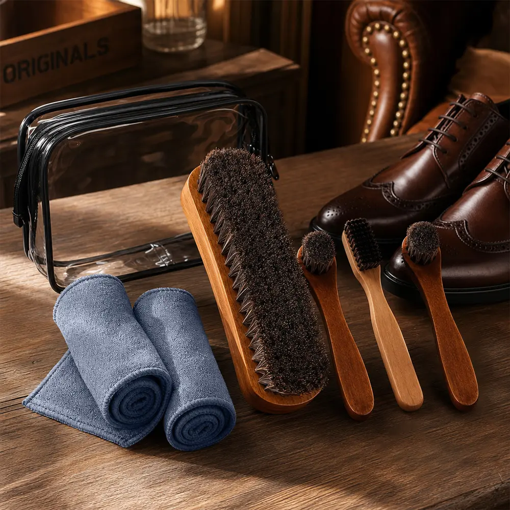 7pcs Wood Horsehair Footwear Care Brush Kit - Long Handle, Comfortable Grip, Concave Design, Easy to Clean Crevices, Full Polish Coverage, Polish Dauber, Suede Cleaner, Leather Boot Brushes, Microfiber Towel - Home Use, Party Gift Use