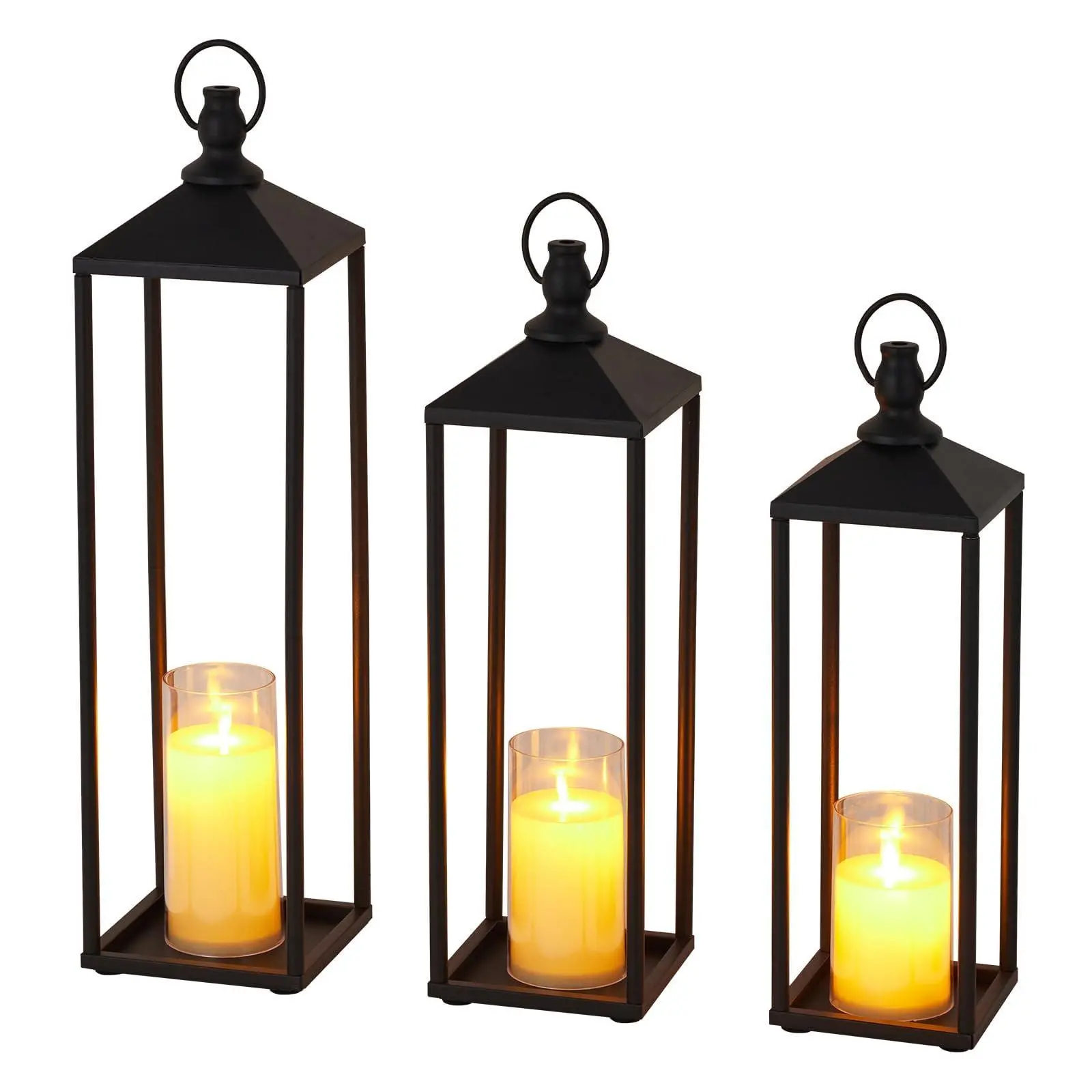 Garvee 17"+19"+22" Large Metal Black Candle Lanterns Set with Flameless LED Candles, Decorative Outdoor Indoor Lanterns for Patio Porch Garden Home Floor Decor, Halloween Christmas Decorations