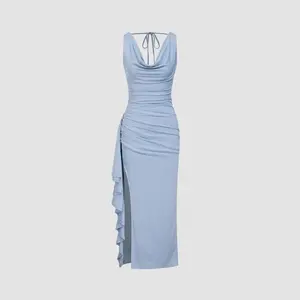 Cider [size 0-10] Cowl Neck Ruffle Hem Split Backless Maxi Dress Dealsforyou