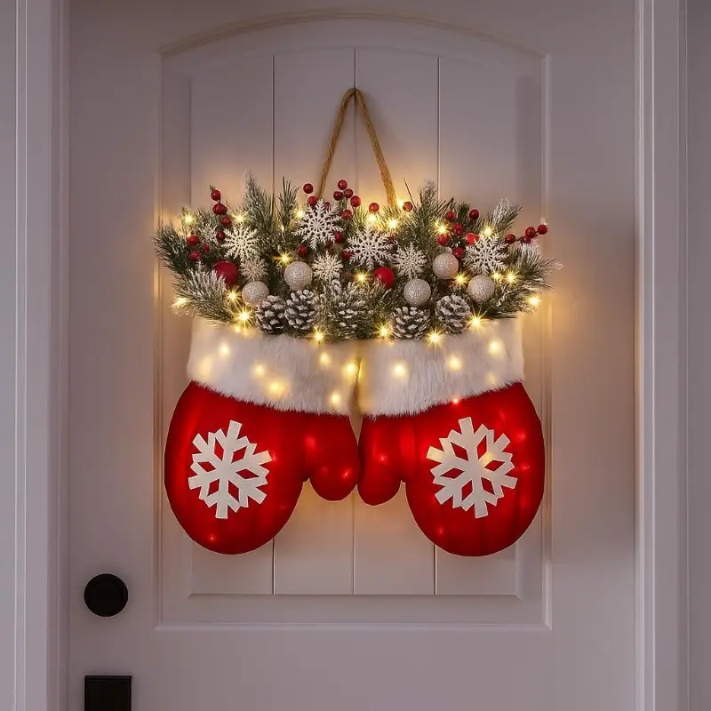 Flashing Christmas Glove Wreath With 20 LED, Christmas Wreath For Front Door With Artificial Pine Branches, Red Berries, And Frosted Pine Cones, Suitable For Indoor/Outdoor Decoration, Used For Christmas Tree, Wall Decoration