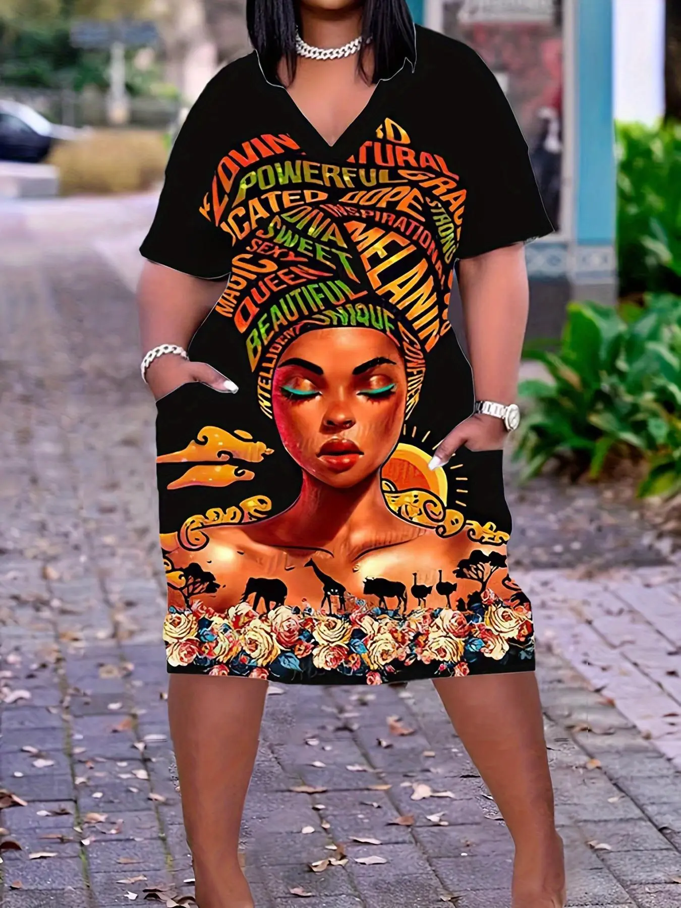 Plus Size Cartoon Figure Print V-Neck T-Shirt Dress, Casual Comfy Boho Short-Sleeve Summer Dress for Daily Wear, Streetwear and Casual Wear Clothing