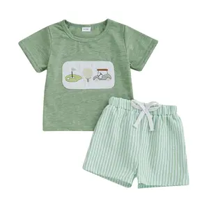 Toddler Baby Mamas Boy Outfit Short Sleeve Dinosaur Golf Car Mallard Duck Embroidered T Shirt Tops Elastic Waist Striped Plaid Shorts Summer Tracksuit #Springtok