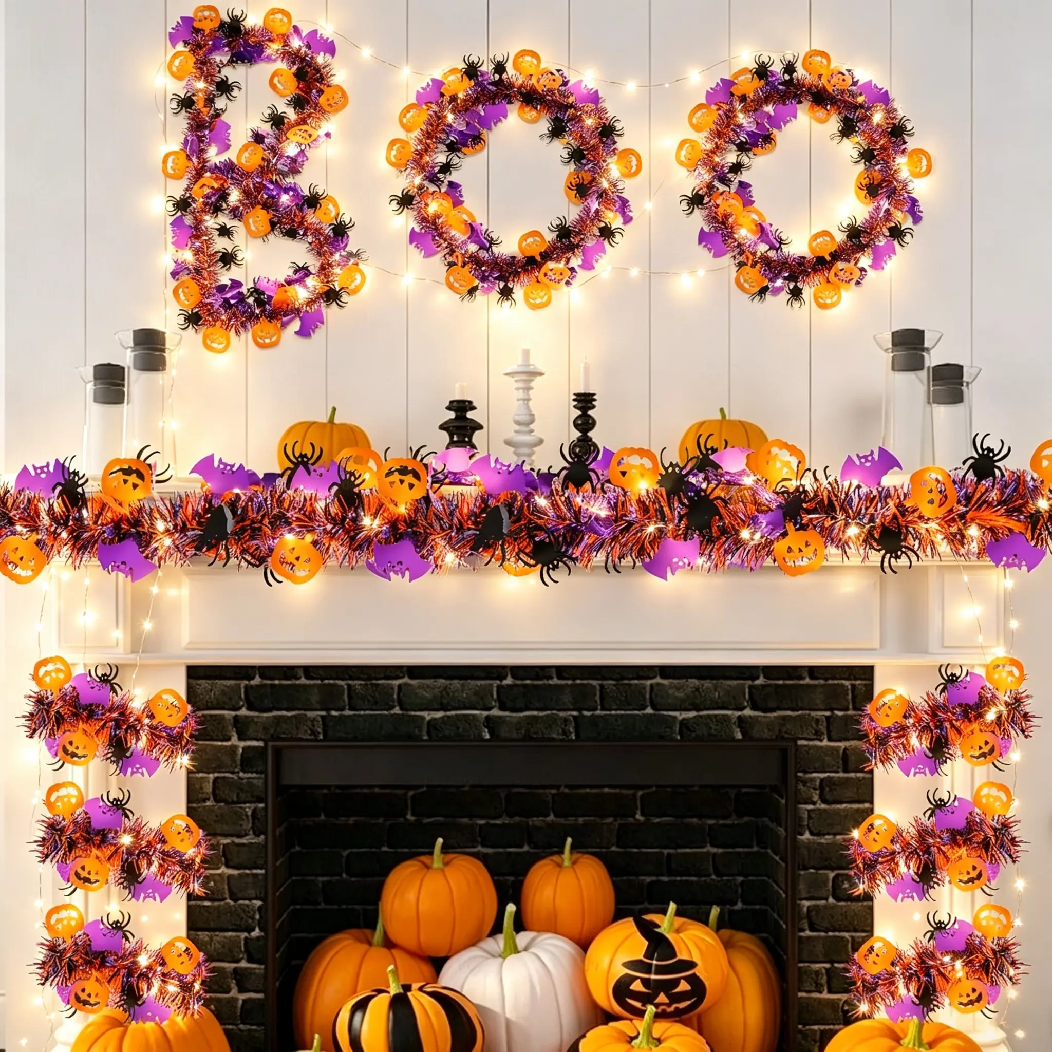 Halloween Garland Decor Kit, 2 x 6.56FT Halloween Tinsel Garlands With 13.12FT Warm White LED String Lights, Pumpkin Spider Hanging Tinsel for Front Door Fireplace Party Decor