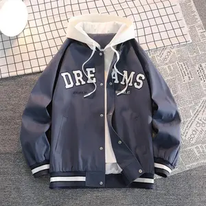 A hooded letter jacket with a casual, simple style. The hooded design is sleek and elegant, while the overall design is practical and versatile. The letter embroidery adds a touch of sophistication, and the striped accents at the cuffs complete the look.