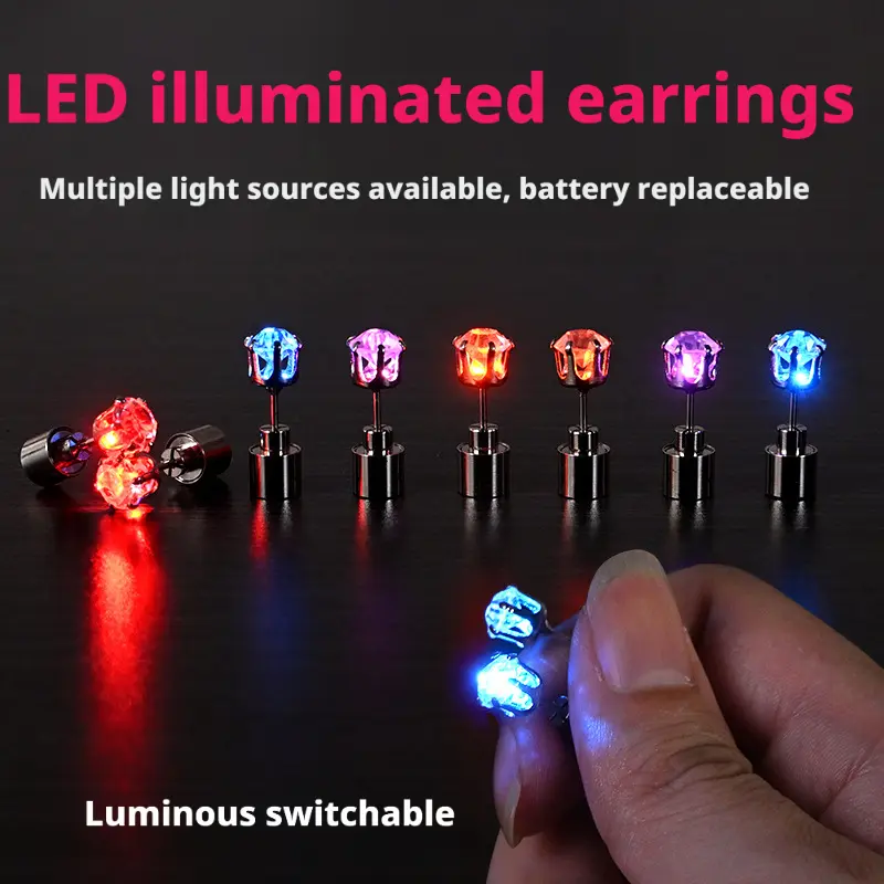Battery Replaceable LED Stud Earrings, Light-Up Glowing Diamond Crown Pendant Costume Jewelry for Women, Party & Wedding Occasions, Yes