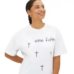 Elite faith Shirt - White T-shirt with Text and Cross Symbols Design Top