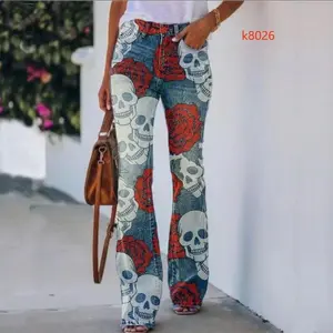 2025 New European and American Large Size Printed Imitation Denim Thin Jeans Women Fashionable Versatile Casual Comfortable