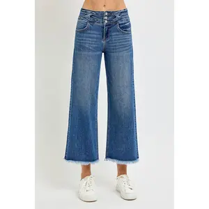 Jeans Women's Cotton Basic Comfy High-Rise Cropped Wide-Leg Pants with Frayed Hem and Pocket