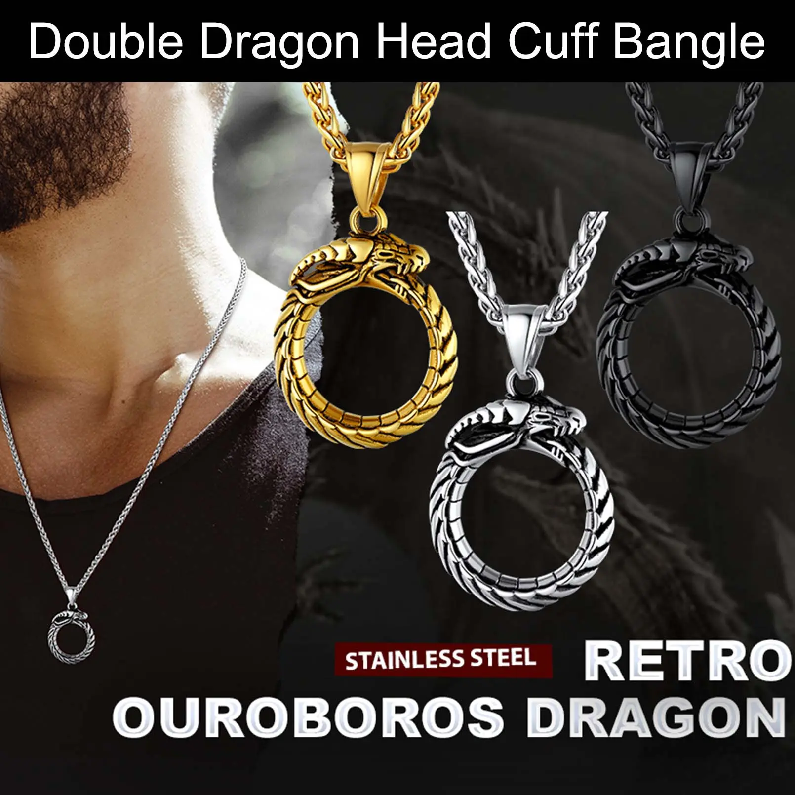 FaithHeart Ouroboros Dragon Pendant Necklace, Unisex Stainless Steel Piece with Cycle of Life Death and Rebirth Theme, Vintage Artificial Gemstone Necklaces & Pendants for Daily Wear, Enamel Charm, Hypoallergenic