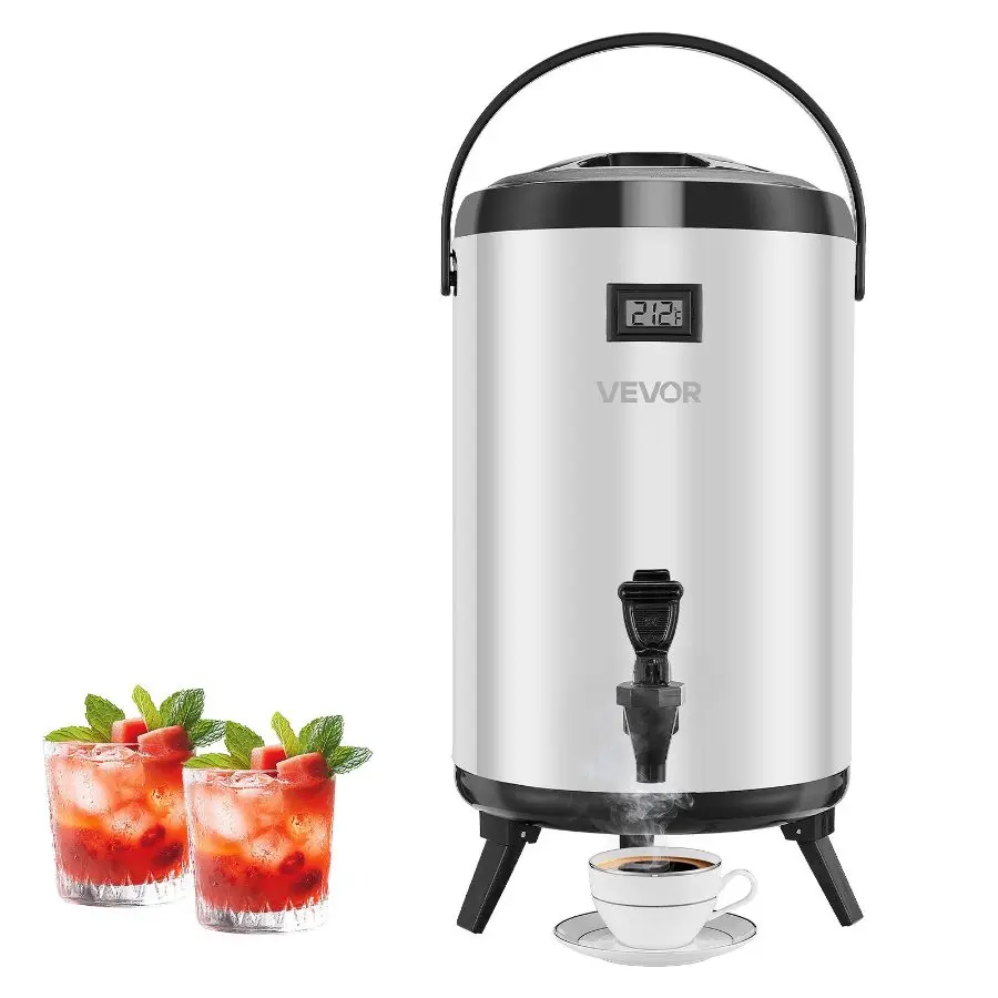 【DealsForYouDays】【DealsForYouDays】VEVOR 3.2 Gal/12L Stainless Steel Insulated Beverage Dispenser, Thermal Drink Server with Spigot & Temp Display, Hot/Cold Compatible for Cafes, Silver Father's Day Gift