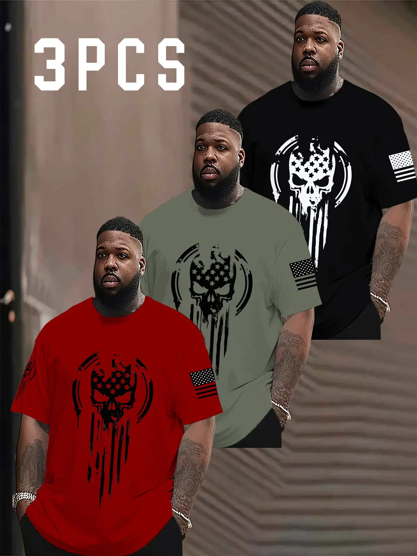 3-Pack Plus Size Men's Skull Print Short Sleeve Crewneck T-Shirts, Casual Streetwear Baggy Loose-Fit Long Top, Ideal Gift for Men, Daily Wear Fashion, Bold Graphic Tee, Casual Summer Clothing