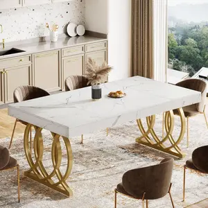 LITTLE TREE 63-Inch Dining Table for 4-6, Modern Kitchen Table with Faux Marble Tabletop and Geometric Legs, Rectangle Dining Room Furniture for Living Room, Kitchen