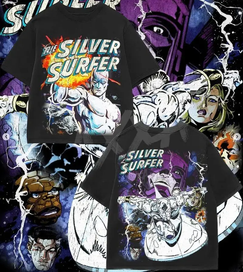 Vintage The Silver Surfer Double Sided Washed T Shirt Front Silver Surfer Cosmic Blast Graphic Back Galactus Fantastic Four Team Scene THE SILVER SURFER Text Oversized Unisex Comic Hero Short Sleeve Streetwear Tee