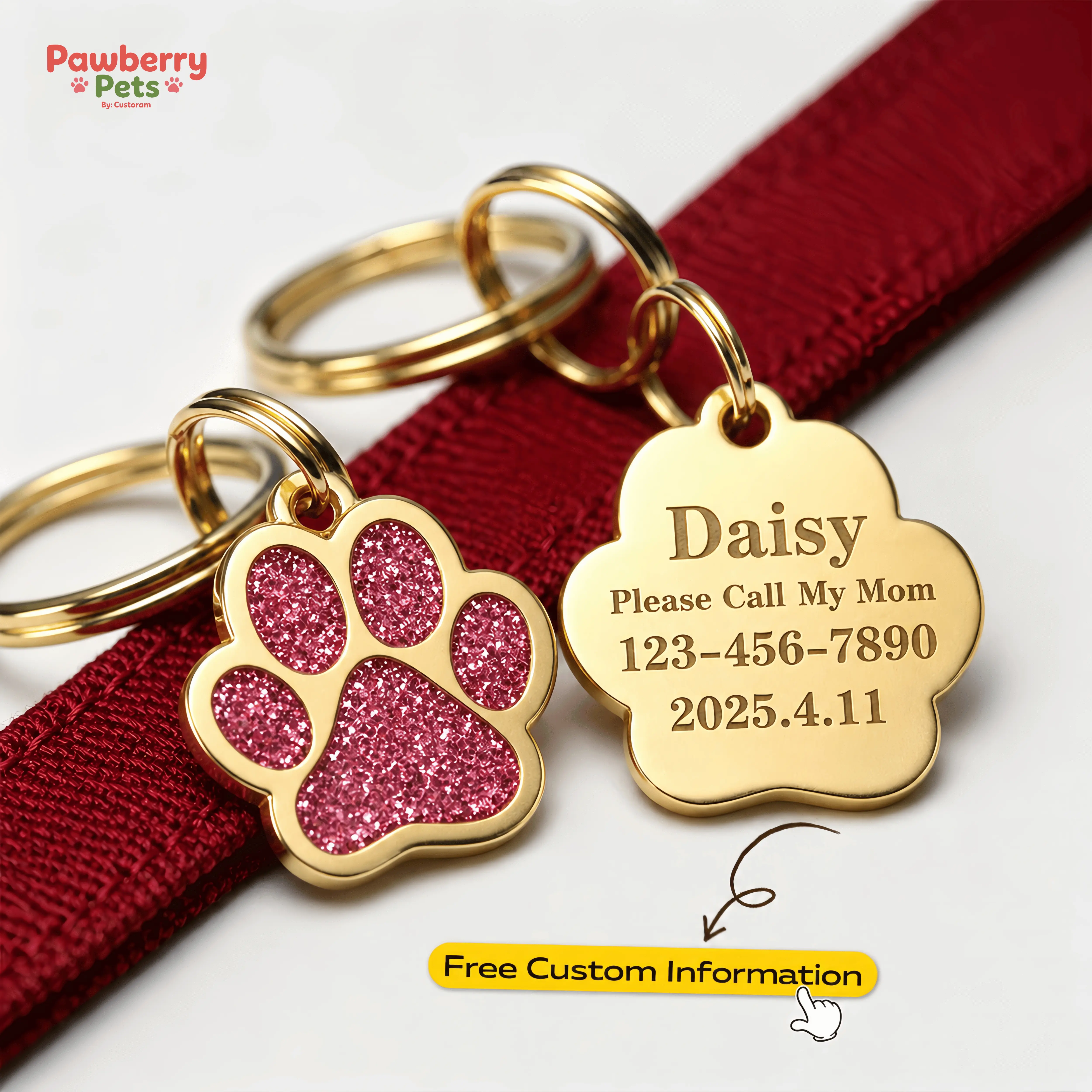 Cute Paw Print Pet ID Tag for Dogs & Cats, Personalized Pet Name Tag with Custom Engraving, Glitter Paw Collar Charm, Puppy Kitten Collar Accessories