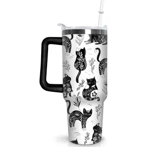 40 oz Cat Tumbler with Handle and Straw, Boho Stainless Steel Vacuum Insulated Travel Coffee Mug Cup Water Bottle, Kitty Stuff Accessories Decor, Cats Lover Gifts for Women Girls