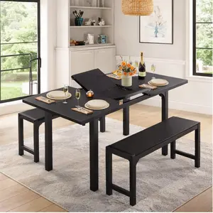 Gizoon 63” Kitchen Table Sets for 4 with 2 Benches Extendable Dining Table Set for 4 with Chairs Dining Room Table and Chairs for Kitchen Apartment Outdoor and Home Office, Black