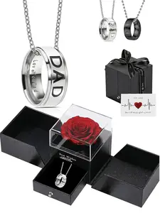 Dad Engraved Ring Pendant Necklace with Rose Gift Box, Stainless Steel Jewelry for Men, Cuban Link Chain, Jewelry Gifts for Party, Daily Decor, Birthday Gift, Personalized Necklace, Stainless Steel Necklaces