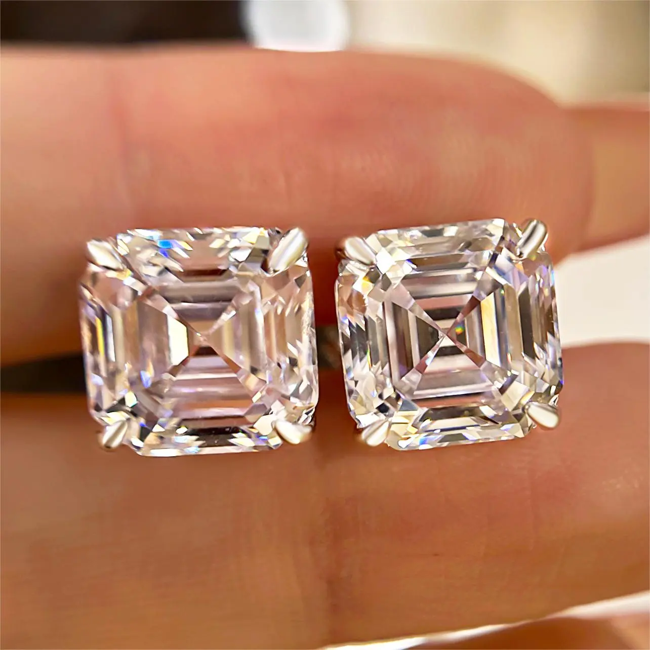 Effinny 5.0ct*2pcs Asscher Cut Women's Stud Earrings with 925 Sterling Silver, 5A Grade Cubic Zirconia Earring for Anniversary, Wedding, Proposal Outdoorfun, Shining Earrings, Solitaire Earrings