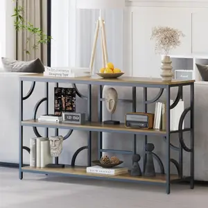 Vividwood Industrial Sofa Table, 3-Tier Storage Console Table with Unique Geometric Design, Behind Couch Accent Table for Entryway, Living Room, Foyer, Hallway, Office - Rustic Brown