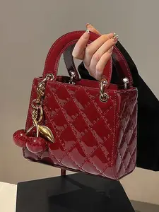 Valentine's Day gift, classic glossy diamond patterned handbag, vintage wine red patent leather handbag crossbody bag, paired with exquisite cherry pendant, fashionable and multifunctional, niche daily commuting, shopping, dating, etc, Elegant Bags