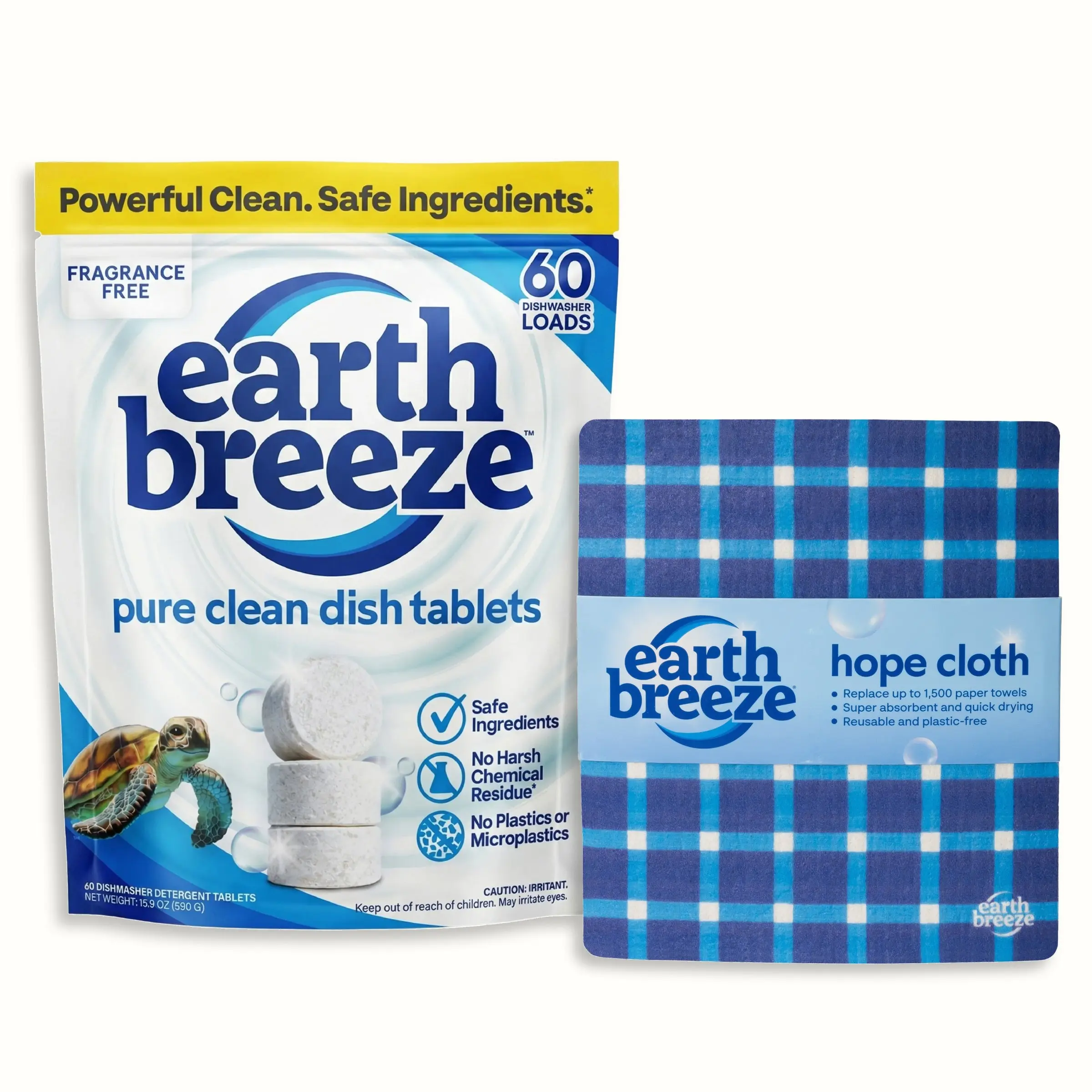 Earth Breeze Dish Essentials Bundle: Dishwasher Detergent Tablets & Hope Cloth | Eco-Friendly Reusable Dishcloth and Plastic-Free Dishwasher Detergent Tablets