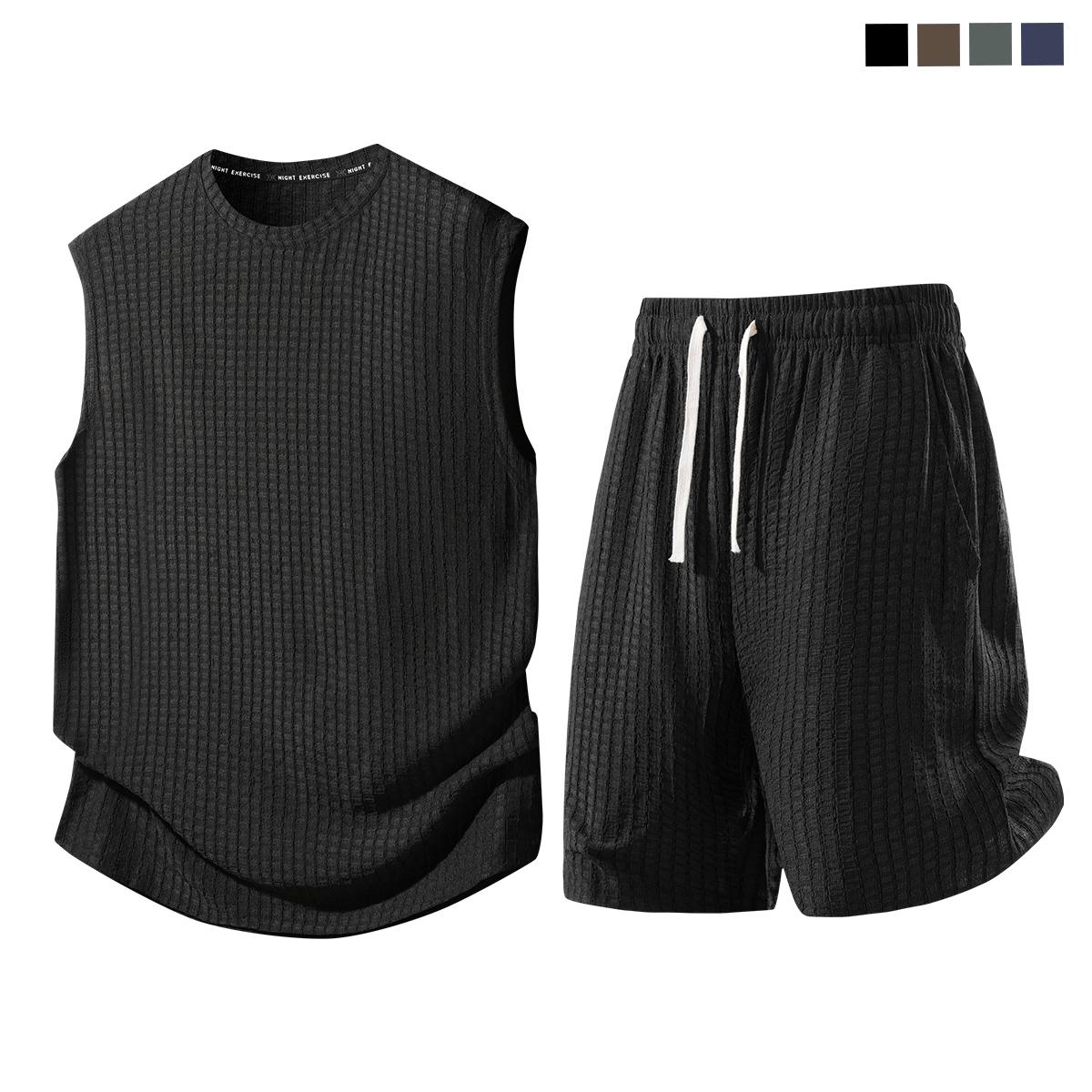 Men's 2-Piece Plain Waffle Knit Sports Clothing Set - Sleeveless Round Neck Tank Top, Elastic Waist Drawstring Casual Shorts, Breathable Comfortable Summer Apparel for Workout, Daily Wear, Two Piece Set