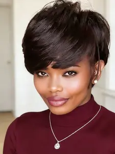 Pixie Cut Wig Human Hair Quality Short Pixie Wigs with Bangs for Women Natural Layered Wig - Natural Black 4# Full Machine Made
