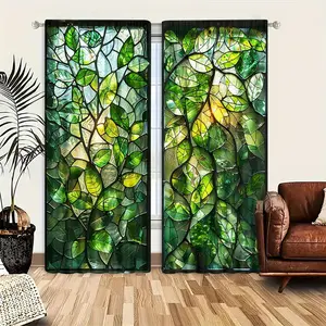 2 Piece Plant Pattern Colorful Glass Window Home Decoration Curtain Door Panel, Privacy Half Light Blocking Design, Living Room & Bedroom Home Decor