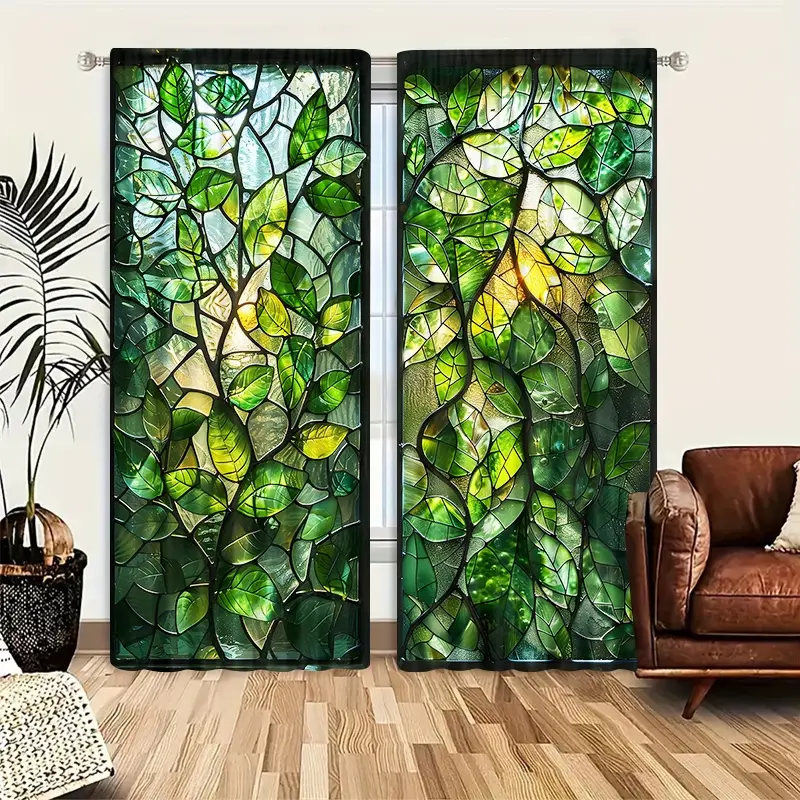 2 Piece Plant Pattern Colorful Glass Window Home Decoration Curtain Door Panel, Privacy Half Light Blocking Design, Living Room & Bedroom Home Decor