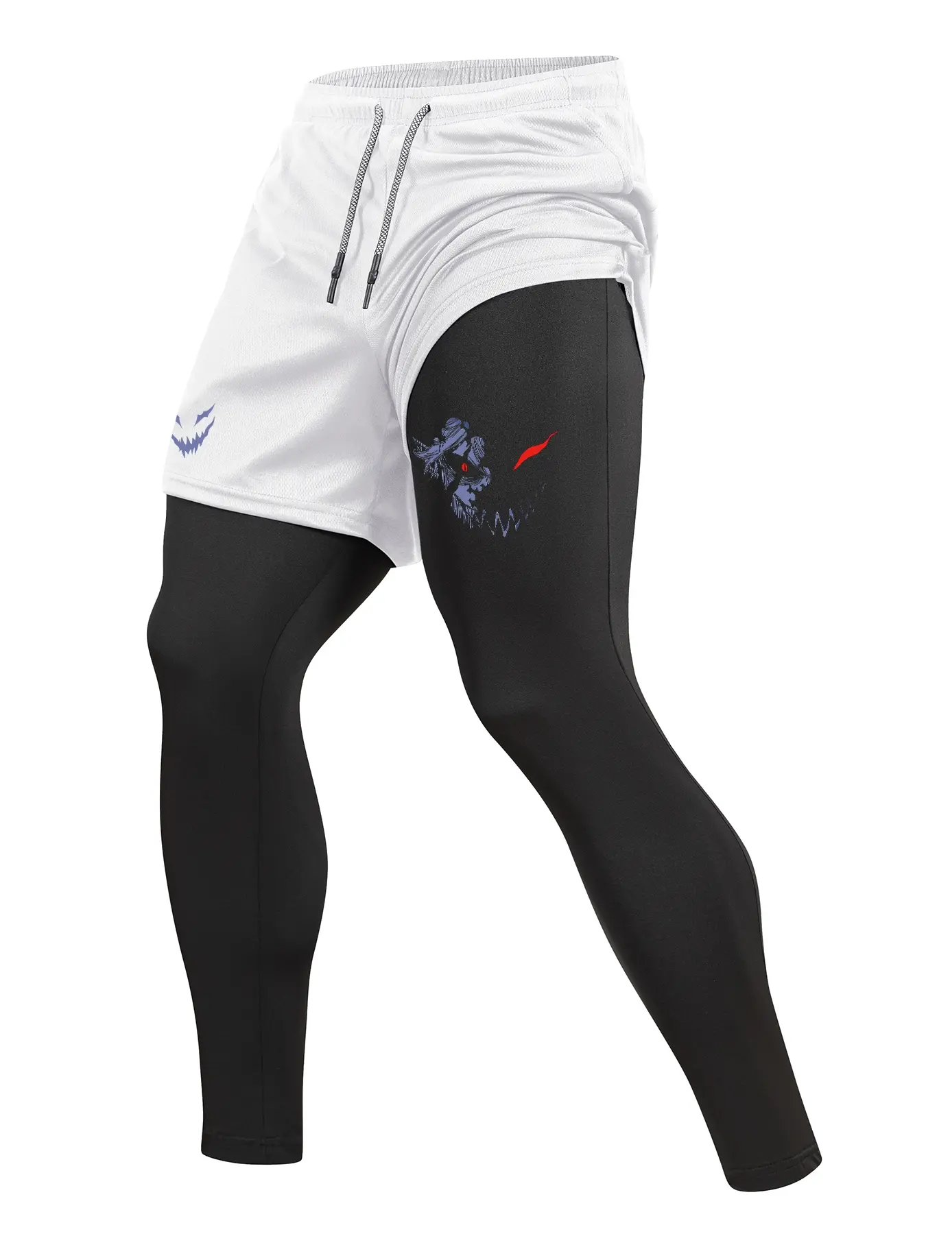 Men's Smiley Face Print Athletic 2 in 1 Compression Pants, Spring Fall Gym Workout Fitness Training Leggings with Phone Pocket, Zipper Pocket, Towel Loop, Sporty Running Quick Dry Baselayer Activewear Fitness Clothes for Fitness Bottoms