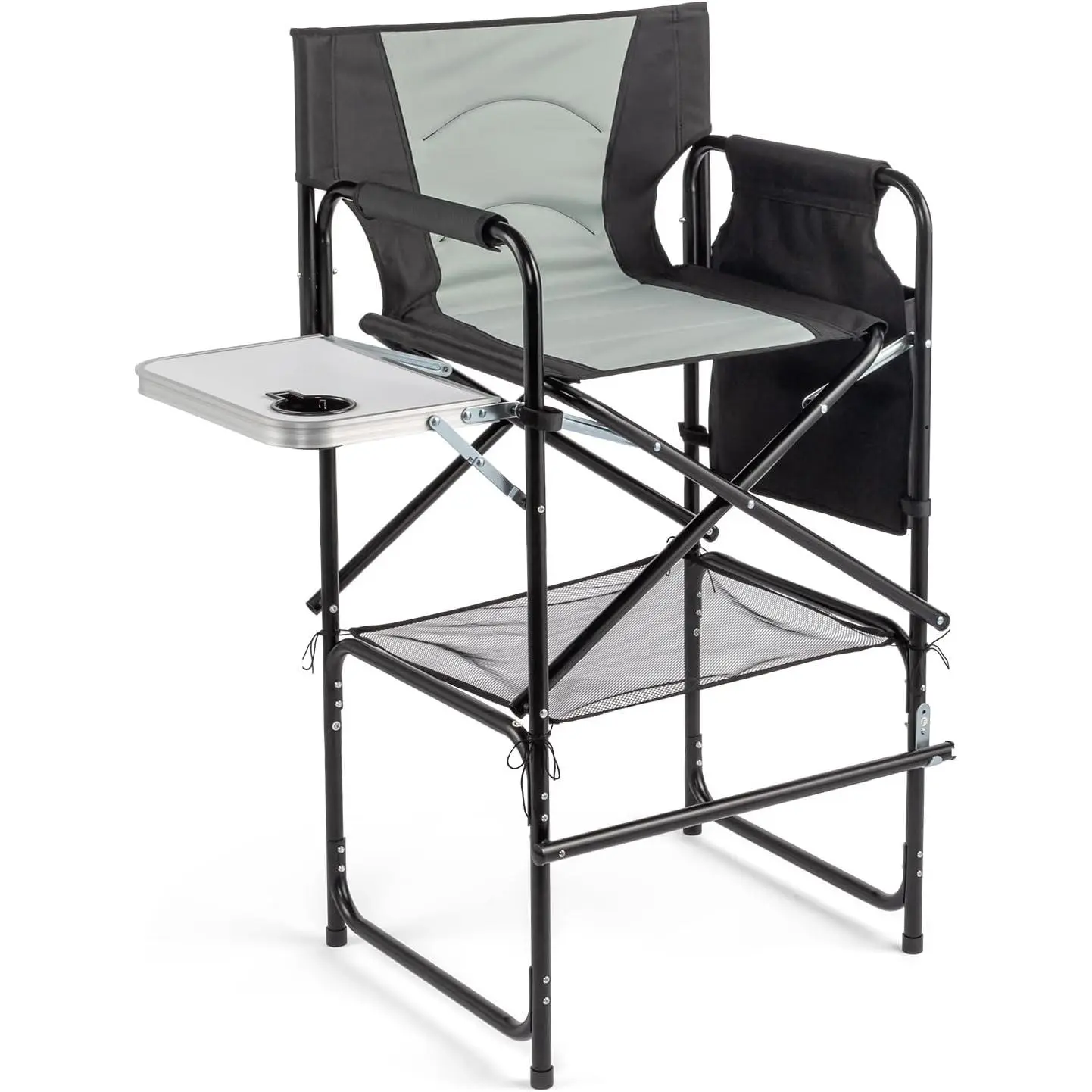 OmySalon Extra Bar Height Collapsible Directors Armchair (Assembly Required) - 600D Oxford Fabric, Heavy-Duty Iron Frame, 300 lbs Capacity, Portable, with Armrest, Side Table, Cup Holder, Storage Bag, Ideal for Makeup Sessions, Art Fairs, Craft Shows, Mak