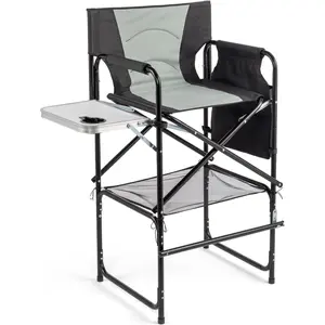 OmySalon Extra Bar Height Collapsible Directors Chair - Professional Portable Makeup Artist Folding Chair with Side Table, Cup Holder, Side Storage Bag, 300 lbs Capacity Heavy-Duty Iron Frame, Collapsible Directors Chairs