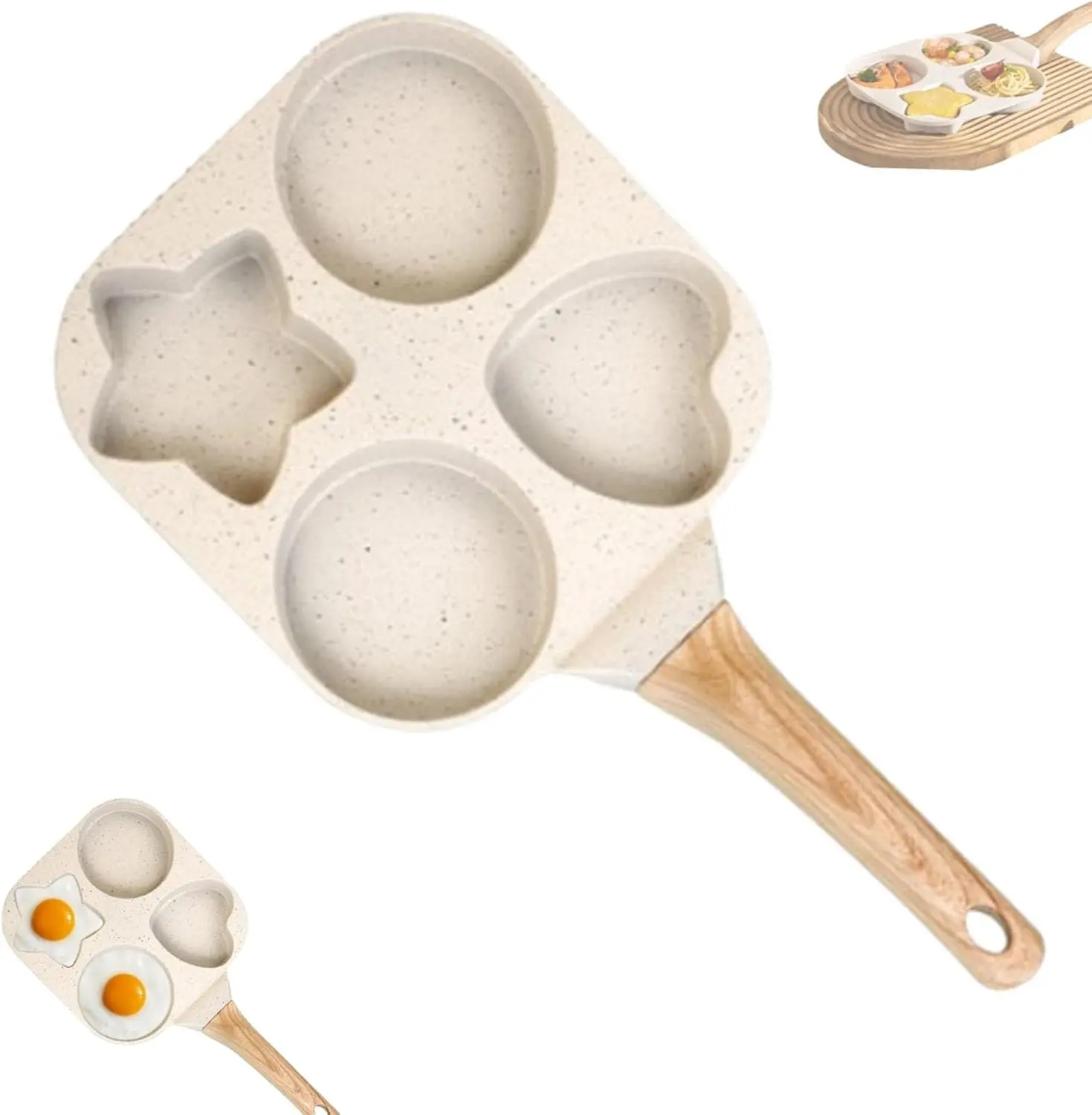 4 Hole Egg Frying Pan, Nonstick Omelet Skillet with Wooden Handle, 4 Compartment Breakfast Pancake Pan, Divided Cooking Pan for Eggs, Bacon & Pancakes, Kitchen Cookware for Gas & Induction Stovetops