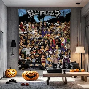 A tapestry with anime Homies print, anime design, durable and machine washable, perfect for game room, bedroom or dormitory decoration Spooky Gift