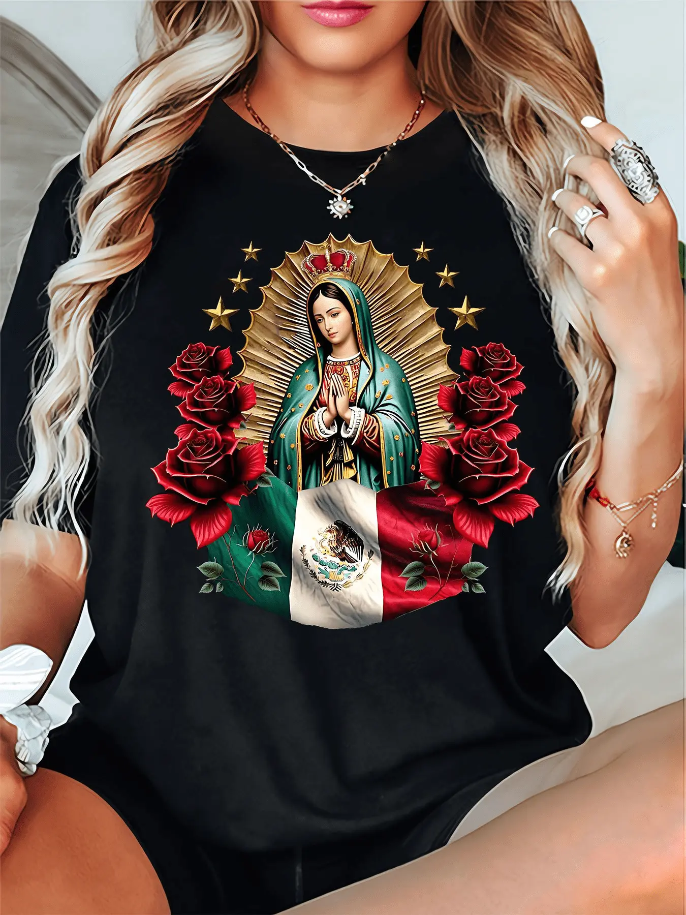 Inspirational Virgin Mary Religious TShirt for Women Short Sleeve Round Neck Catholic Print Casual Top Ideal for Church Faith Events