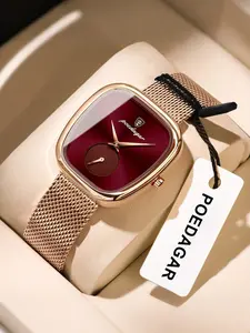 Elegant Rose Square Watch - Waterproof stainless steel mesh strap, quartz movement watch, black dial and rose hands, suitable for parties, leisure and swimming, women's watch, Waterproof Wristwatch