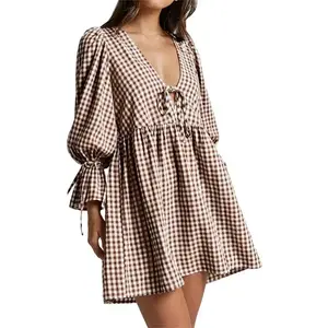 Women Gingham Puff Sleeve Tie Front Dress Deep Vneck Ruffle Hem Babydoll Flowy Y2k Mini Aline Plaid Swing Dress Party Streetwear(Raincoats)